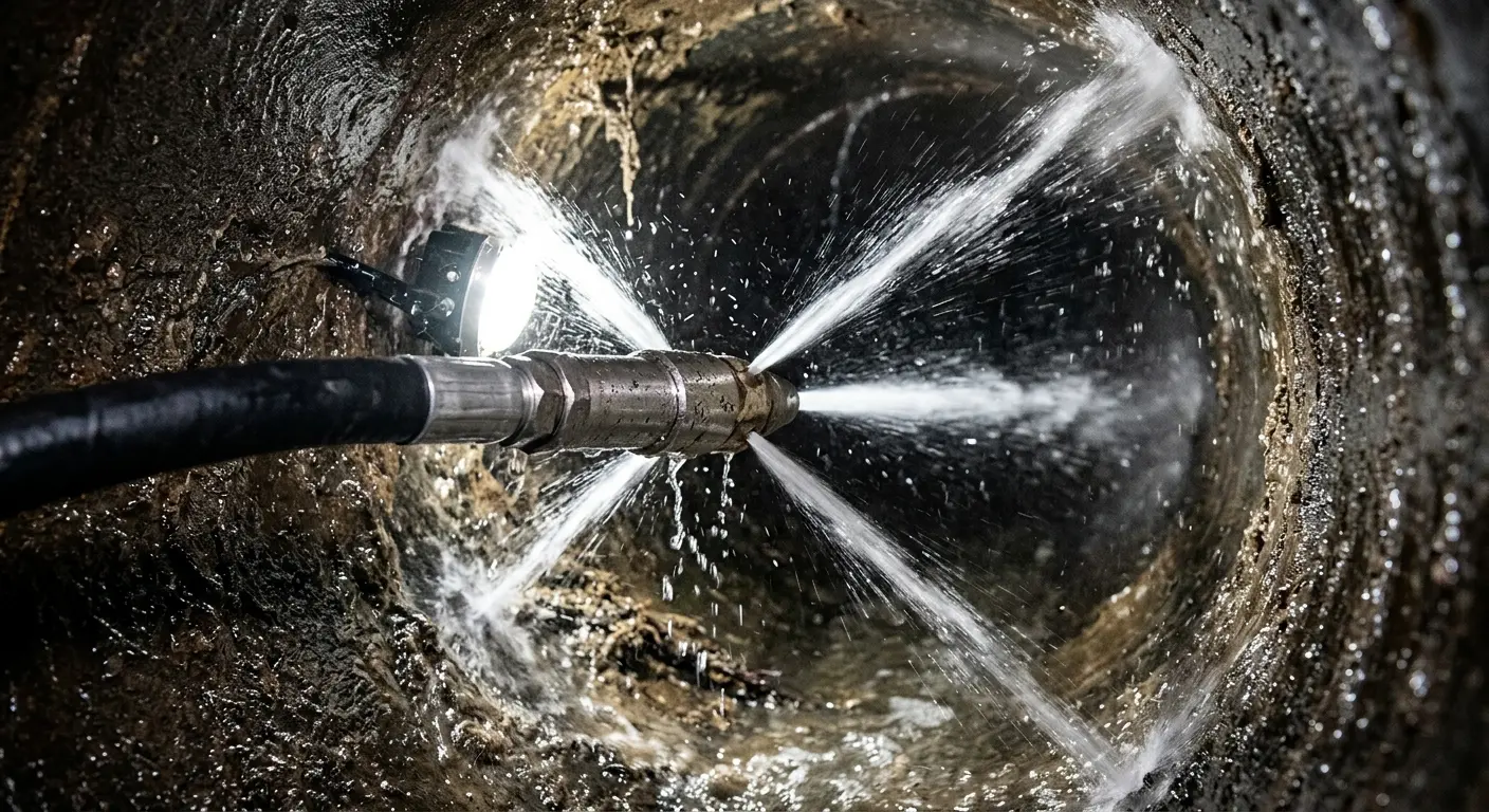 High-pressure hydro jetting nozzle cleaning sewer pipe for Trenchless Sewer Repair in Thompson's Station