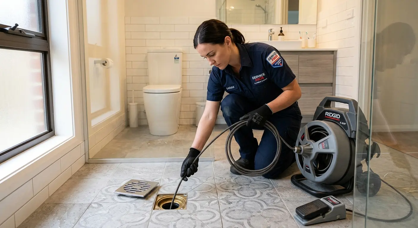 Technician clearing a bathroom floor drain for Sewer Line Installation in Thompson's Station